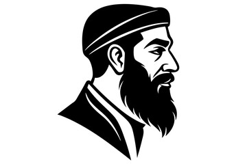 Black and White Vector Illustration of a Bearded Man Wearing an Islamic Traditional Cap in Profile View