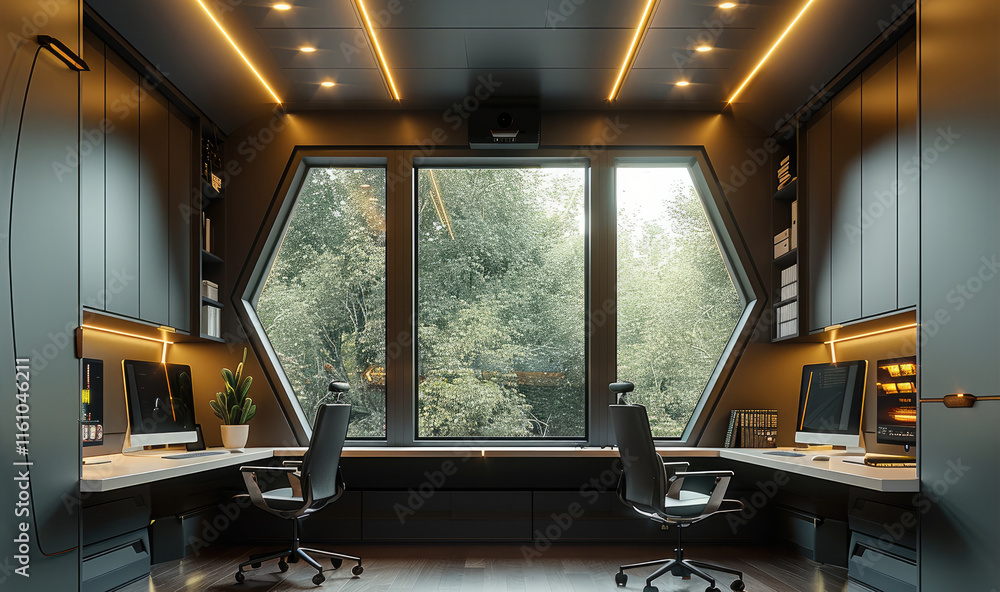 Aufkleber a small dark olive colored office with natural daylight coming through three windows built in cabine