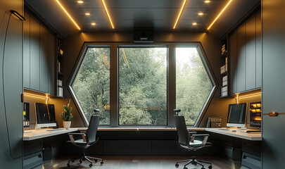 Fototapeta premium A small dark olive colored office with natural daylight coming through three windows built in cabinets. Moody futuristic light fixtures in the corner. Office desk with dual monitors.
