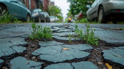 Fototapeta premium Cracks in pavement with green plants emerging in urban street setting at dusk