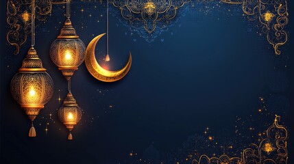Elegant lanterns and crescent moon on ornate blue background with golden accents. Ramadan Mubarak