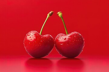Two ripe cherries, glistening with water droplets, set against a vibrant red background. A close-up shot emphasizing texture and color.