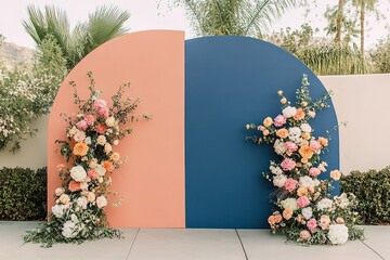 Floral backdrop for events. Peach and blue arch with vibrant flower arrangements.