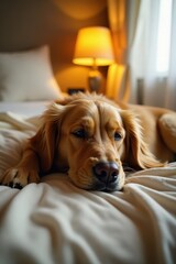 A golden retriever rests peacefully on a soft bed with a gentle glow from the table lamp above , calm, sleeping, dog