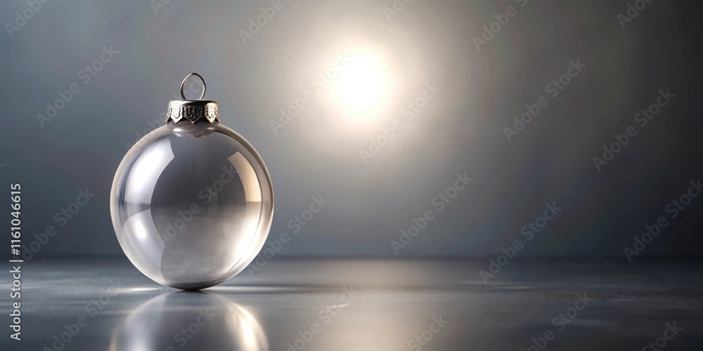 Poster a single transparent glass christmas ornament sits on a gray surface with a soft light in the backgr