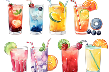 various mocktail fruit juice summer refreshing drink watercolor cartoon clipart illustration PNG isolated transparent background collection set