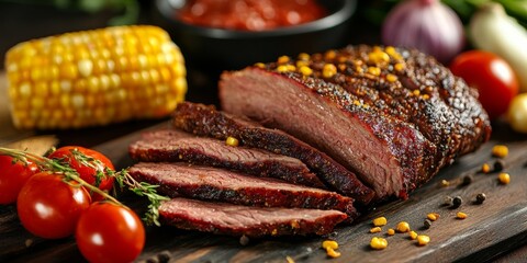 Juicy roasted corn beef brisket, enhanced with seasonings, is beautifully sliced and accompanied by fresh vegetables. Selective focus highlights the brisket s texture and spices, showcasing its
