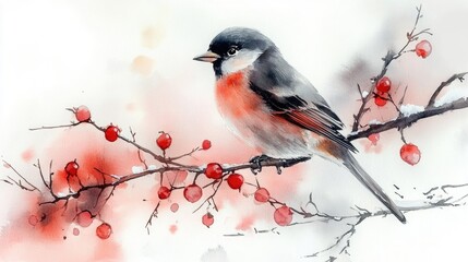 Watercolor bullfinch on snowy branch with red berries