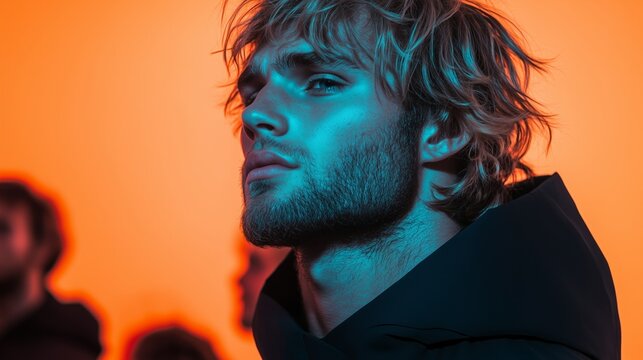 Man immersed in vibrant atmosphere of underground warehouse rave with neon pastel lights and energetic dancers