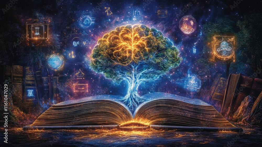 Poster mystical tree growing from open book amidst glowing symbols in a cosmic setting
