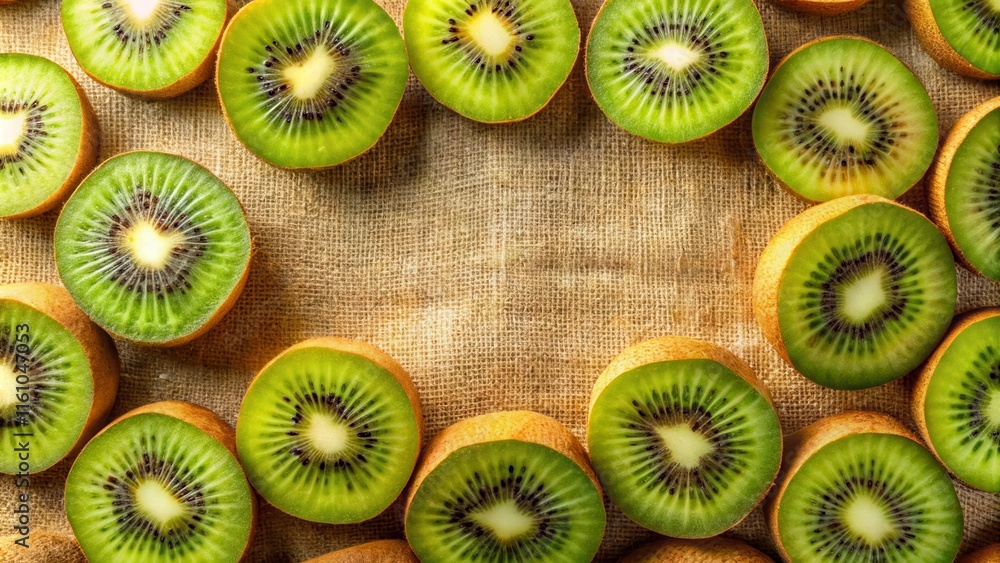 Poster A vibrant display of kiwi fruit slices arranged around the edges of a rustic burlap background, creating a natural and visually appealing border.