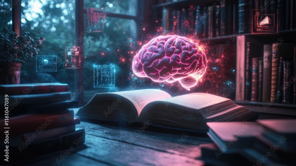 Poster glowing brain hologram over open book in dimly lit library with floating digital pages