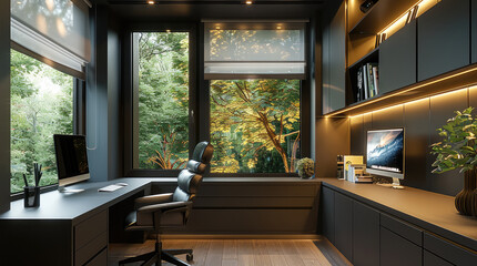A small dark olive colored office with natural daylight coming through three windows built in cabinets. Moody futuristic light fixtures in the corner. Office desk with dual monitors.
