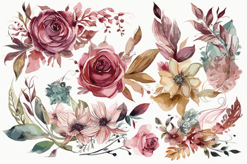 Set with watercolor flowers roses, leaf. Floral illustration perfectly for greetings card, wedding invitation, poster, stickers and other printing. Isolation on white background. Hand painting.