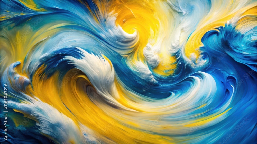 Poster abstract swirling colors of blue, white, and yellow create a dynamic and vibrant artistic compositio