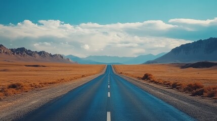 Fototapeta premium A long road extends into the distance, framed by a dramatic blue sky, creating a captivating scene of a long road that invites exploration and adventure along its path.
