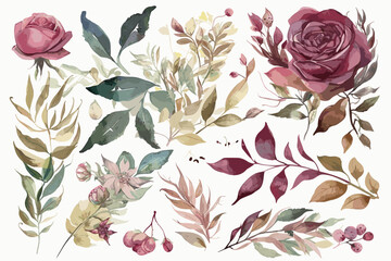 Set of flower arrangements Flower maroon green leaves and gold floral illustration for wedding card