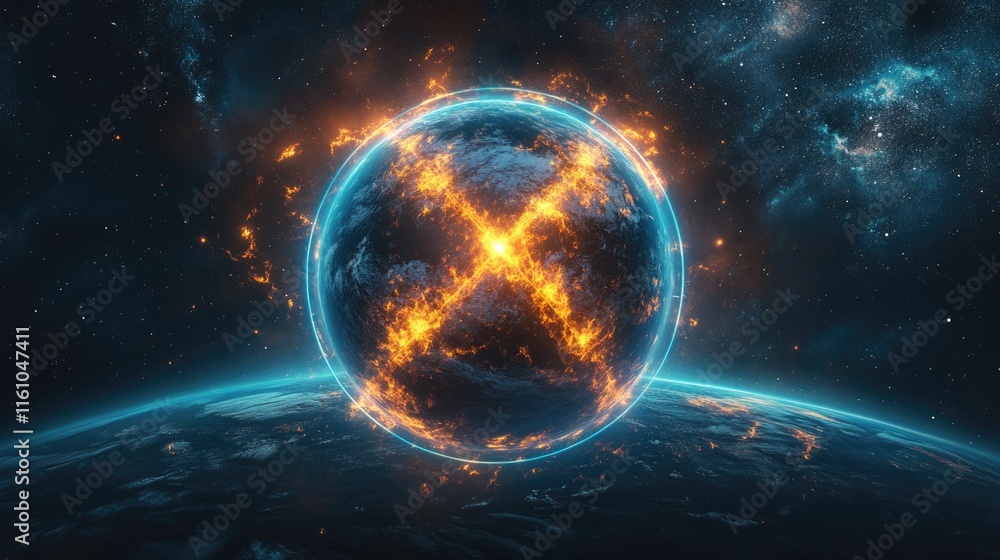 Wall mural fiery planet with x-shaped flames in outer space