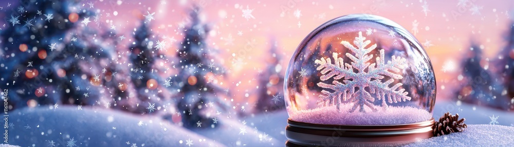 Poster large intricate snow globe with beautiful snowflake displaying winter wonderland scene