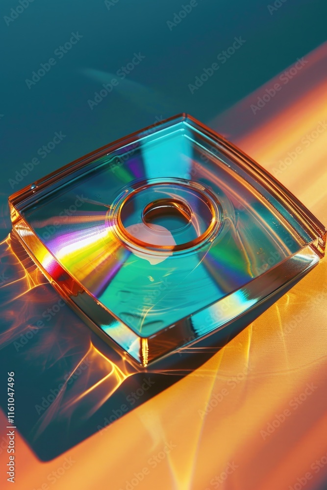 Poster cd is sitting on a table with a blue background. the cd is reflecting light and creating a rainbow e