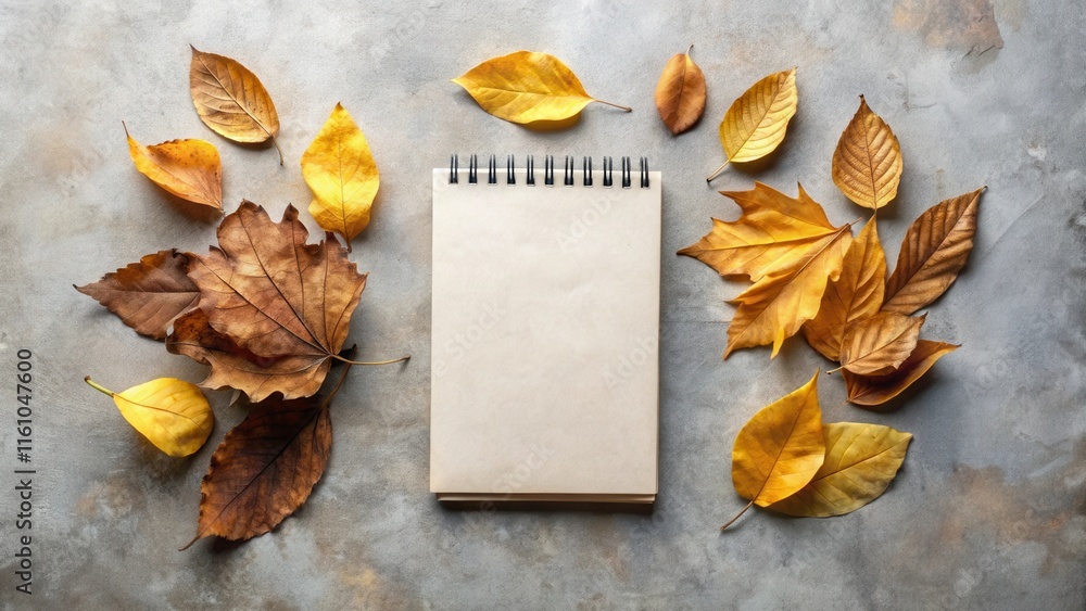 Poster a blank notebook rests amidst a scattering of golden and brown autumn leaves, offering a tranquil ba