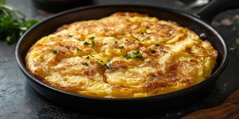 Traditional potato tortilla, also known as an omelette, showcased in a black pan from a top view perspective, highlighting the delicious layers of the traditional potato tortilla.