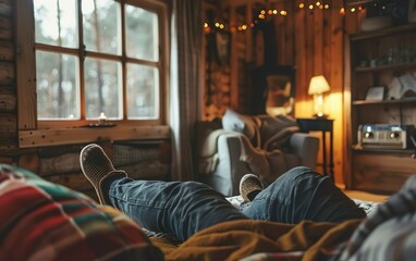 POV, Relaxed man staying in forest wooden cabin peacefully. Return to real life, slow living concept. Authenticity, presence, unplugged world, direct genuine offline engagement, live grassroots