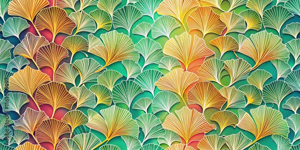 Aufkleber a vibrant pattern of overlapping ginkgo leaves with intricate vein details, showcasing shades of yel