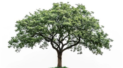 Full leafy tree, green branches, brown trunk isolated on white.