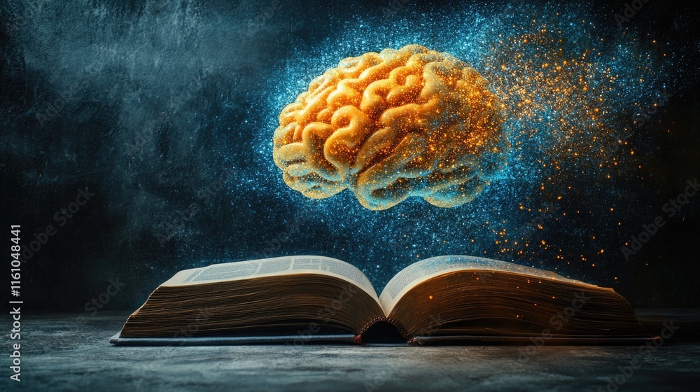 Poster glowing brain above open book with sparkling effects