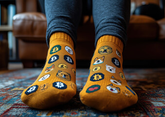 Persona sentada en un sillón, donde solo se ve parte de las piernas vistiendo leotardos con calcetines amarillos ocre mostaza, con dibujos de criptomonedas, Bitcoin, memecoins, regalo día de reyes