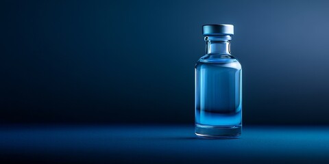 Medical vial displayed against a dark blue background, highlighting the pharmacy industry. This medical vial represents essential concepts in the pharmacy industry with ample copy space.