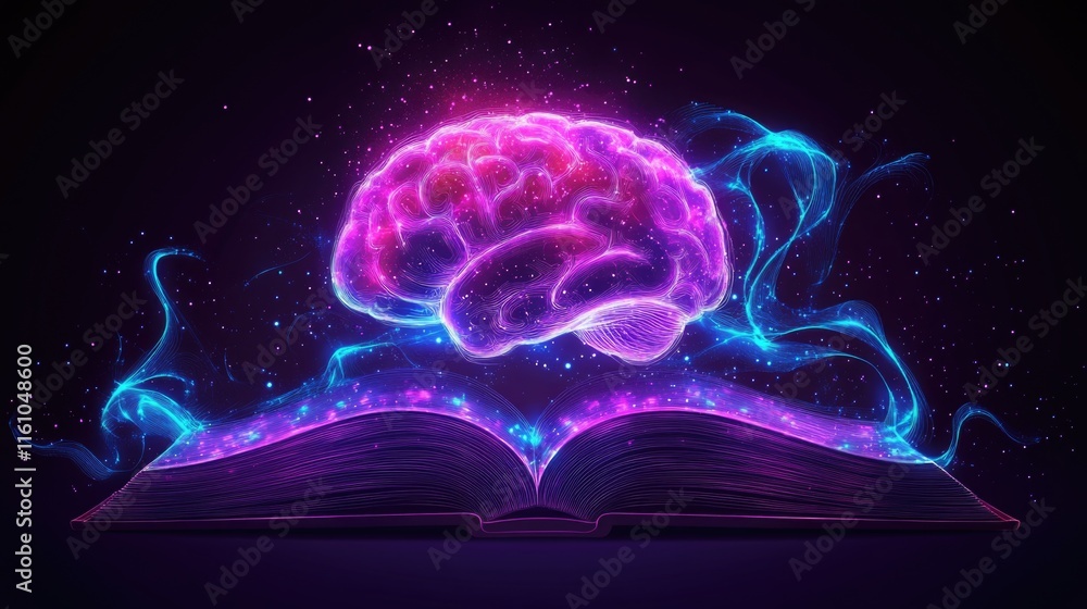 Poster glowing brain above open book with magical effects in dark background