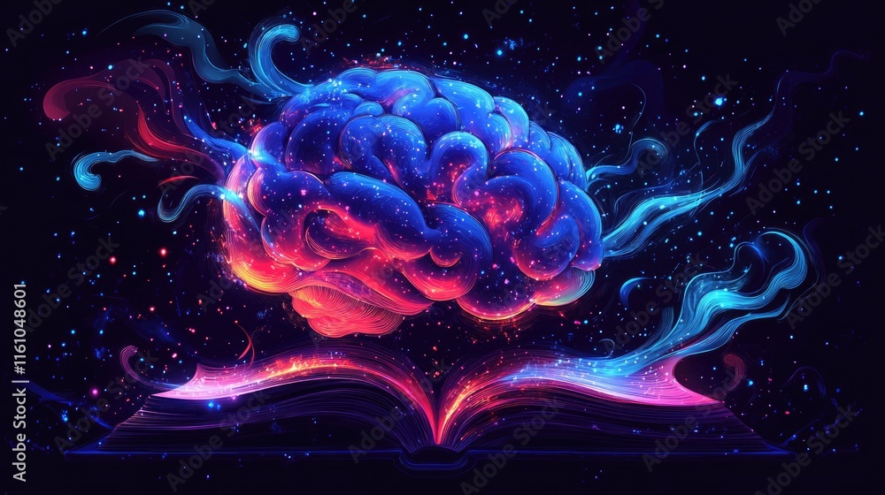 Poster glowing brain above open book with colorful nebula and stars