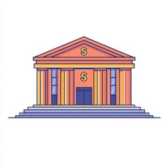 A colorful illustration of a bank building featuring classical architecture and dollar signs, symbolizing finance and economic services.