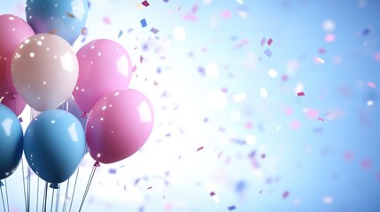 Pink and blue party balloons with sparkles on light background. Holiday celebration social media content