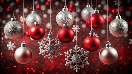 Obraz premium Silver and red ornaments hang from strings in front of a red and white bokeh background, a festive winter scene