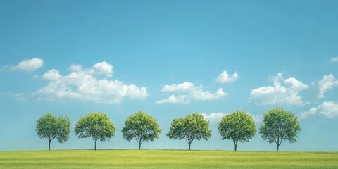Group of trees in a field beautifully contrasts with the expansive blue sky, creating a serene landscape where trees and sky harmoniously coexist in nature s embrace.