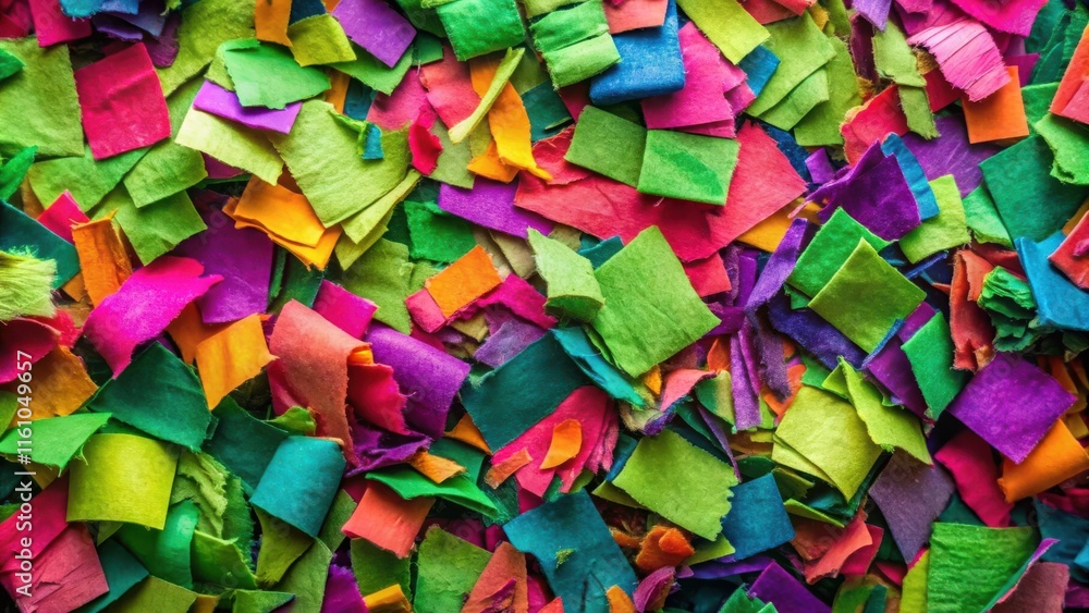 Poster a colorful and chaotic mix of torn and scattered paper scraps, showcasing a vibrant spectrum of hues