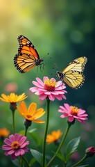 Obraz premium Butterflies flutter around a vibrant wildflower cluster, butterflies, flower, flutter