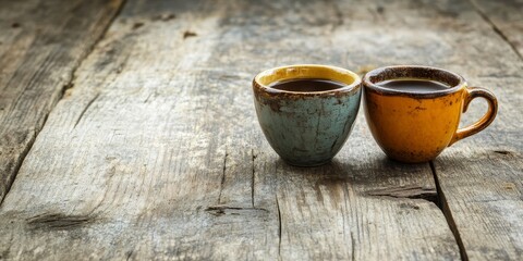 A pair of coffee cups resting on a weathered wooden table adds a charming touch to the ambiance. Two coffee cups sit together on the rustic wooden surface.