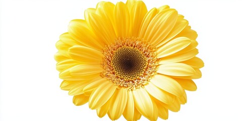 Fototapeta premium Top view of a vibrant yellow gerbera flower isolated on a white background, showcasing the beauty of the gerbera in all its vivid detail and bright color. Perfect for floral designs.