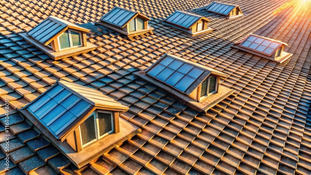 Aufkleber A close-up aerial view of a tiled roof with multiple dormer windows catching the warm glow of the setting sun.