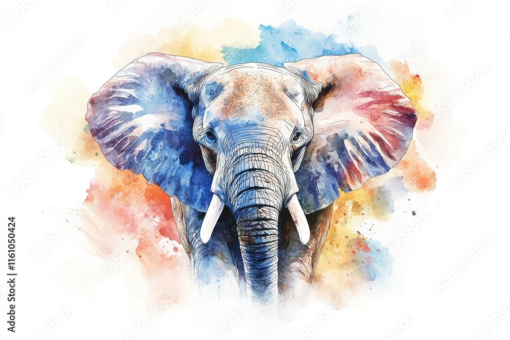 Poster colorful illustration of an elephant in a unique artistic style with ample copy space for text place