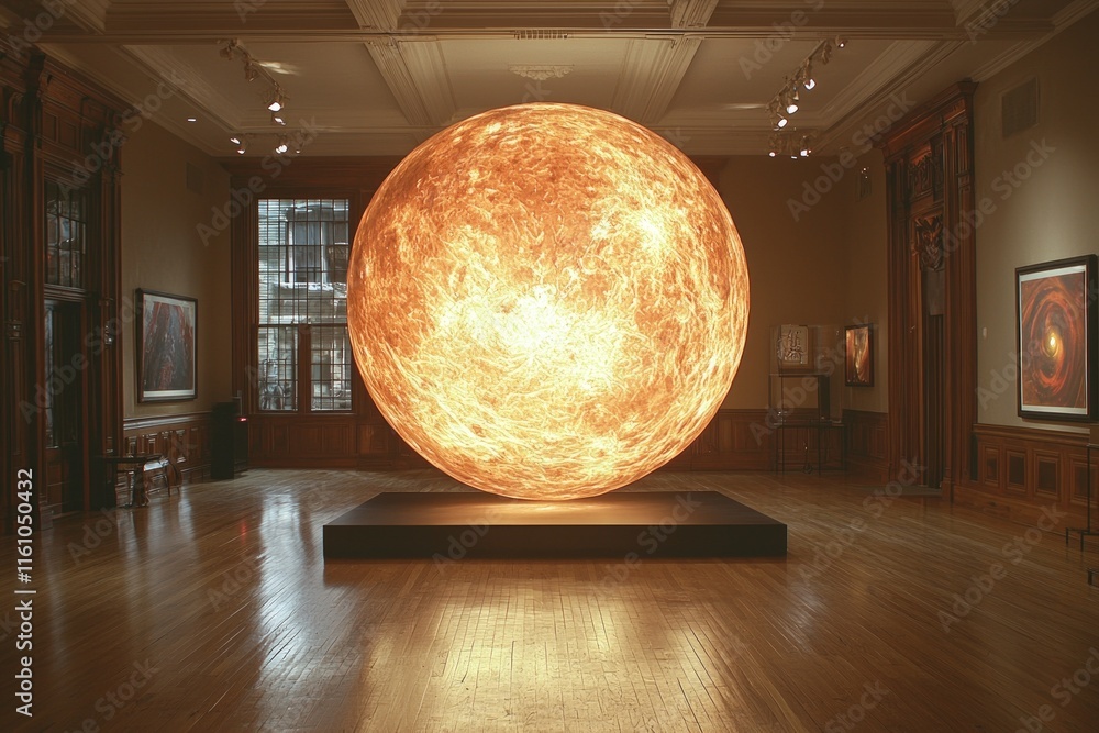 Poster radiant orb hovers in dimly lit room casting shifting light patterns distort nearby objects. atmosph