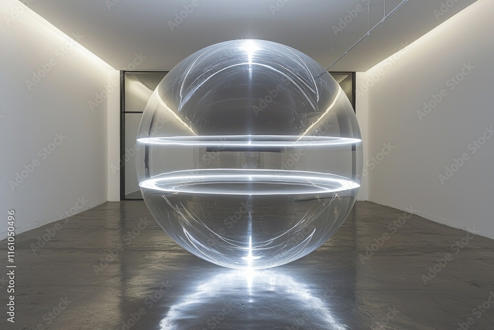 Poster bright orb hovers in dimly lit space casting intricate light patterns around. nearby objects appear 