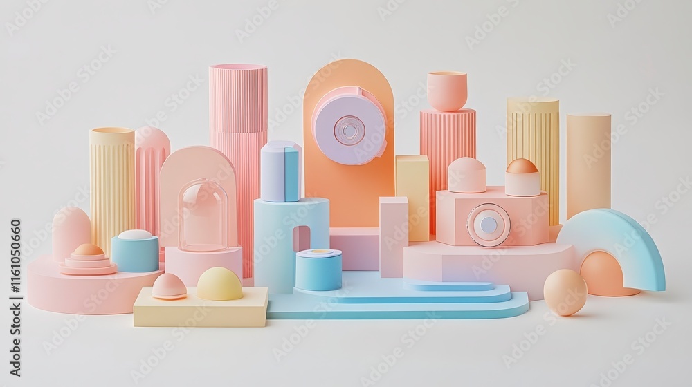 Poster a pastel-colored abstract arrangement of geometric shapes and forms, creating a playful and modern a