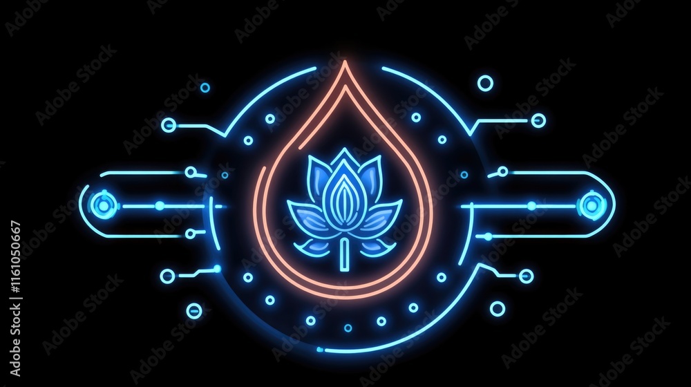 Poster neon lotus in tech-inspired design with futuristic circuit elements