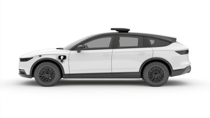 Naklejka premium A sleek, modern white SUV featuring advanced technology and a rooftop sensor, indicative of autonomous driving capabilities.