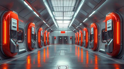 spacious futuristic electric car charging station features minimalistic designs and glowing neon indicators. Automated robotic arms assist in charging process glass domed ceiling.